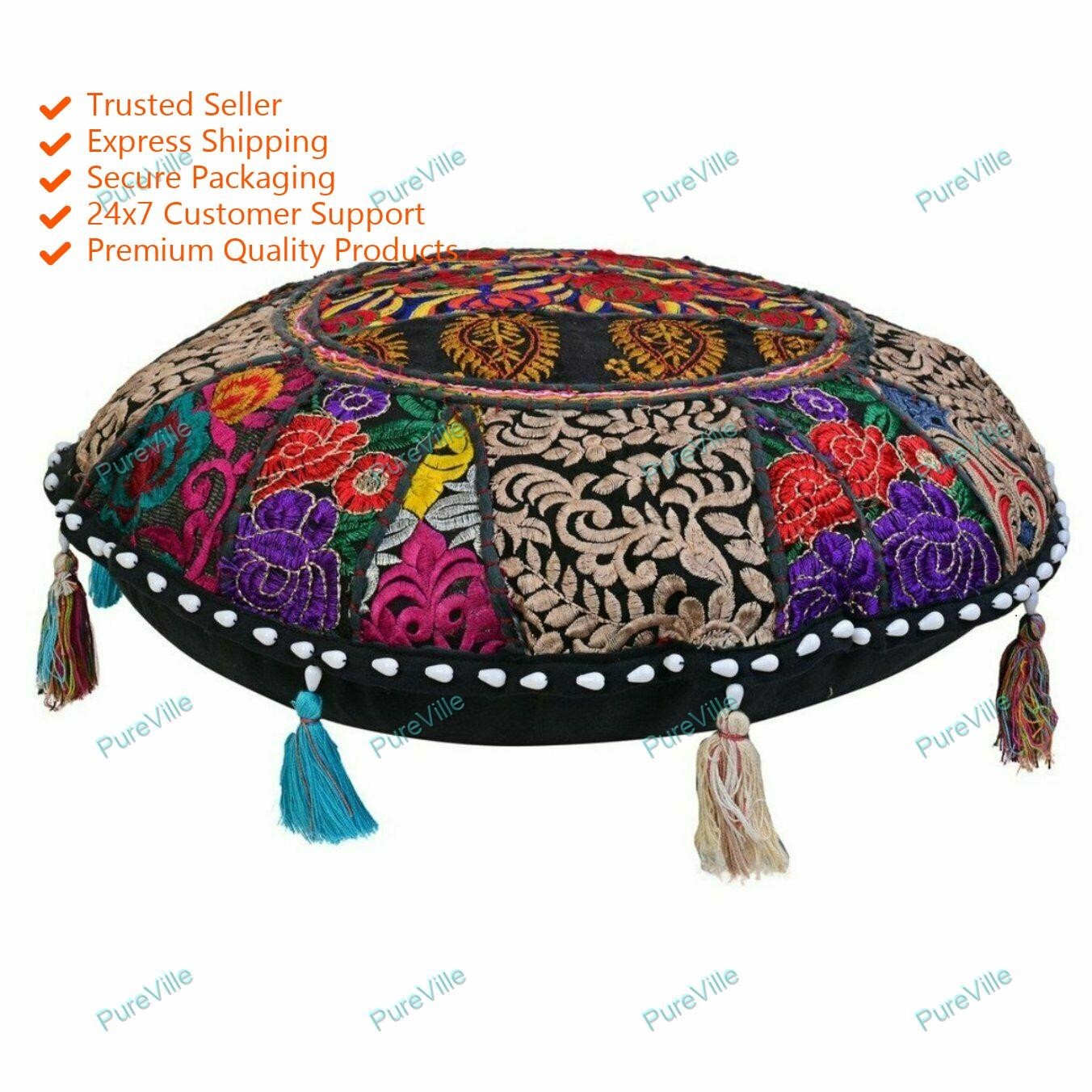Patchwork Indian Handmade Floor Cushion Round Cover Pillow Meditation Decor