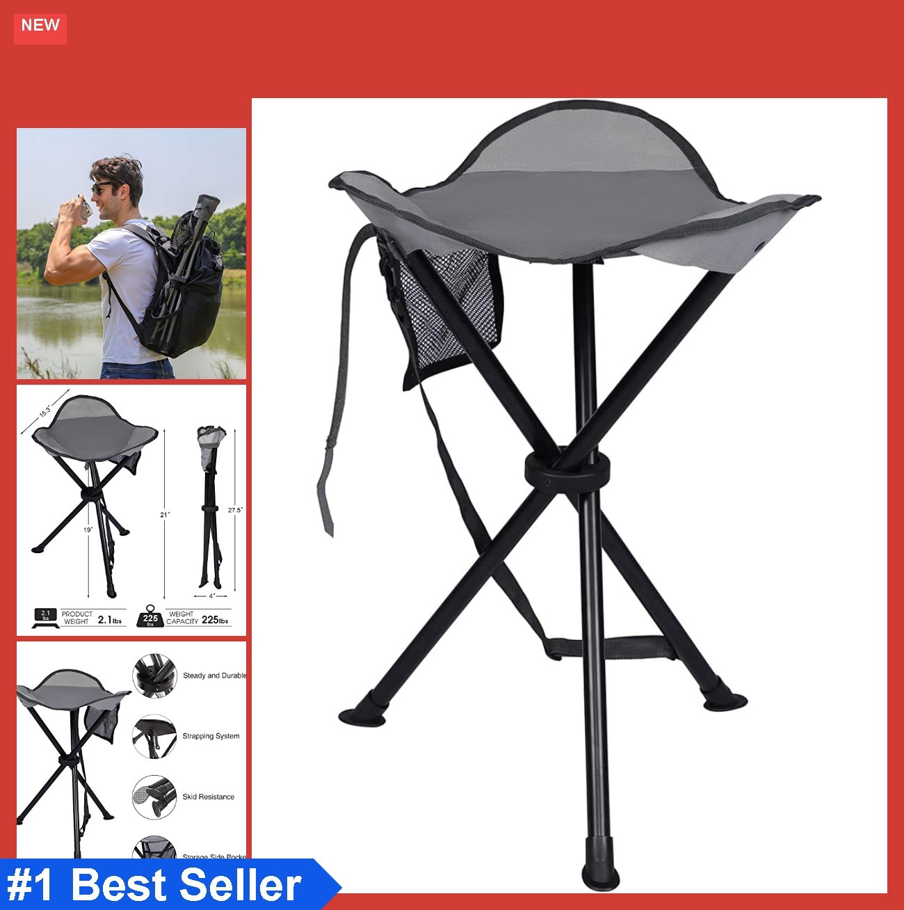Tripod Stool Folding 19 Inch Seat Height 225 LB Capacity for Camping Hiking