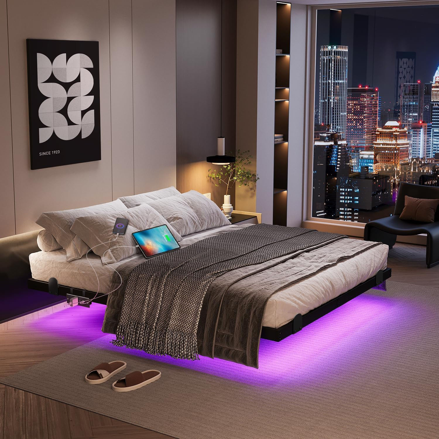 Floating Bed Frame with LED Lights and Charging Station 14 Inch King Size Float