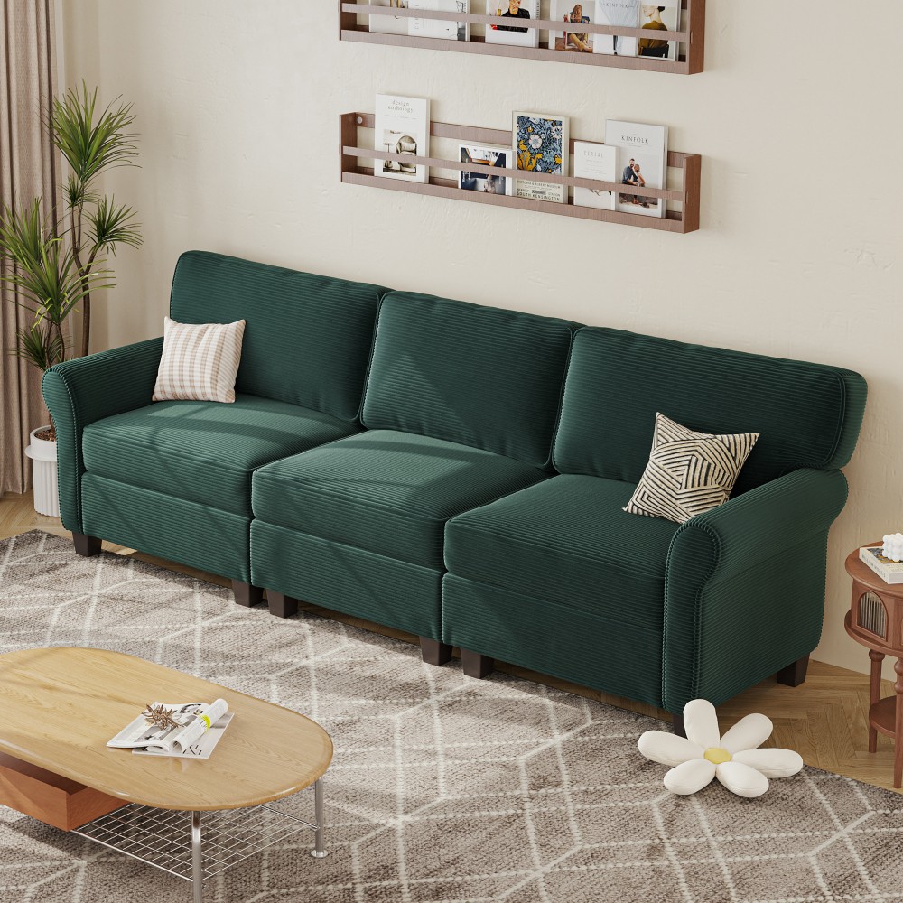 94″ Dark Green Corduroy Sofa, Deep Seat 3-Seater for Living Room Bedroom