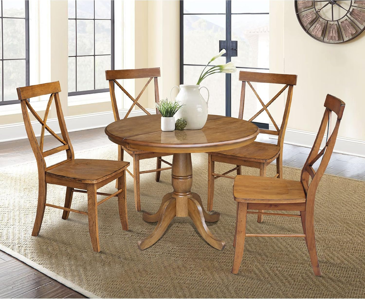 36″ Pedestal Table, 12″ Leaf, Pecan