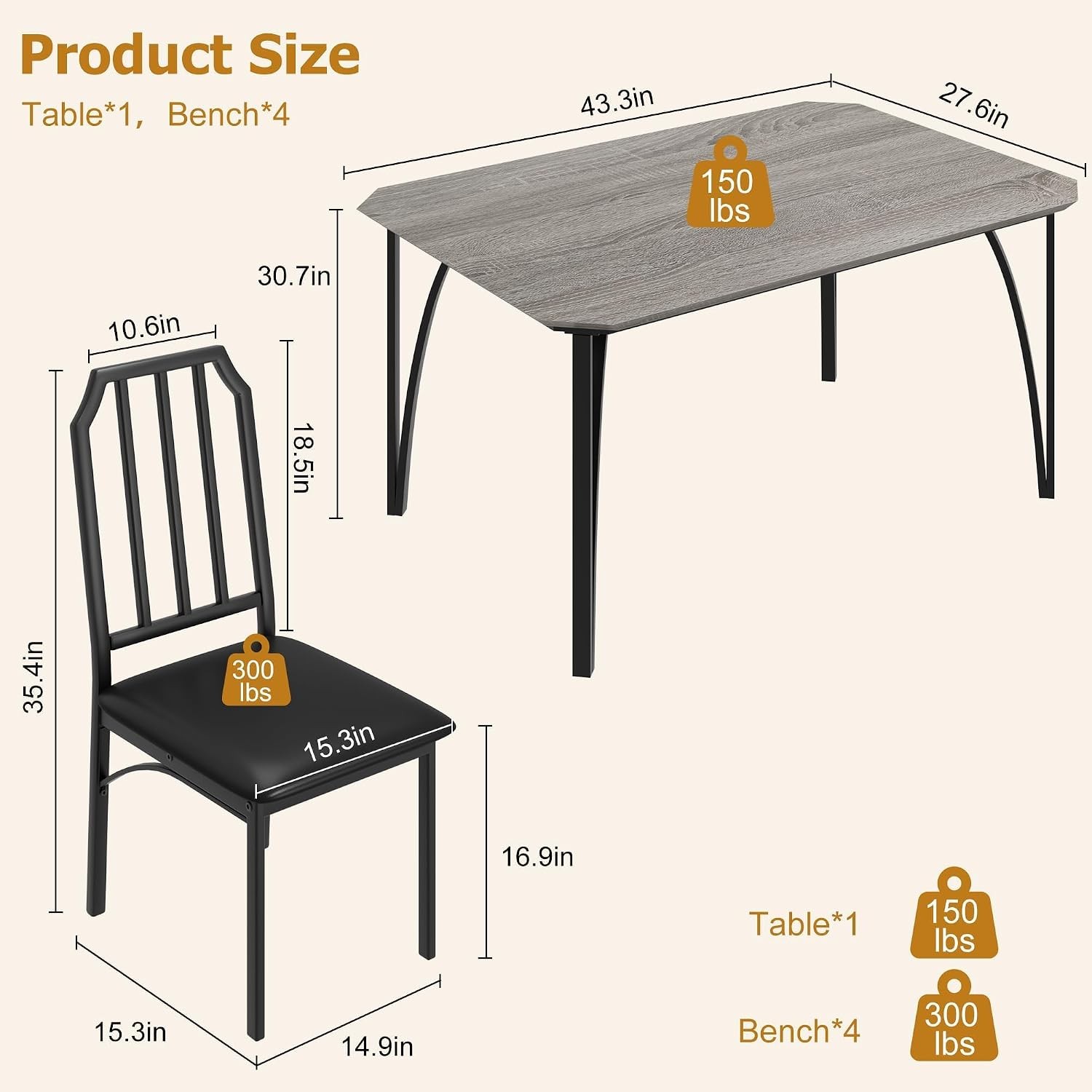 Dining Table Set for 4, Kitchen Table Set of 4 with Upholstered Cushion Chairs,