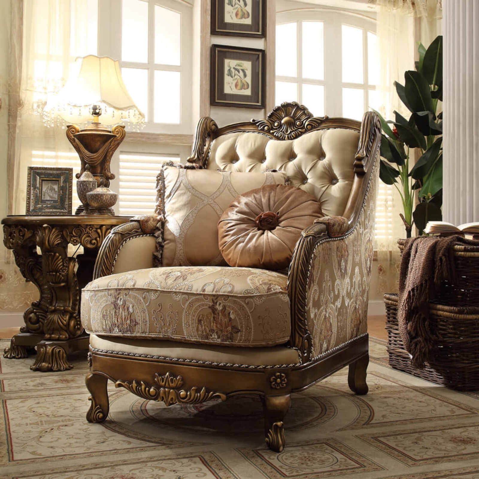 Classic Solid Wood 2PC Sofa Loveseat Gold Brown Fabric French Manor Living Room