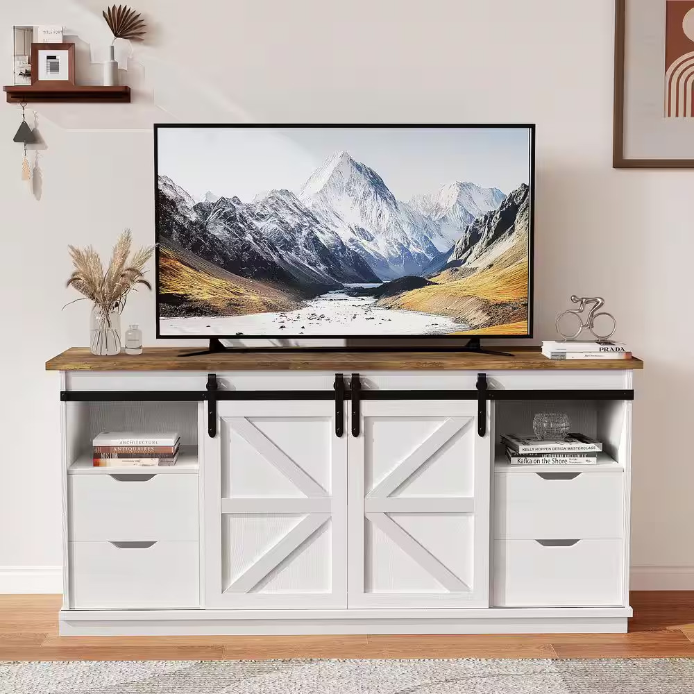 58 In. White TV Stand with Sliding Barn Doors and 4 Storage Drawers, Console Tab
