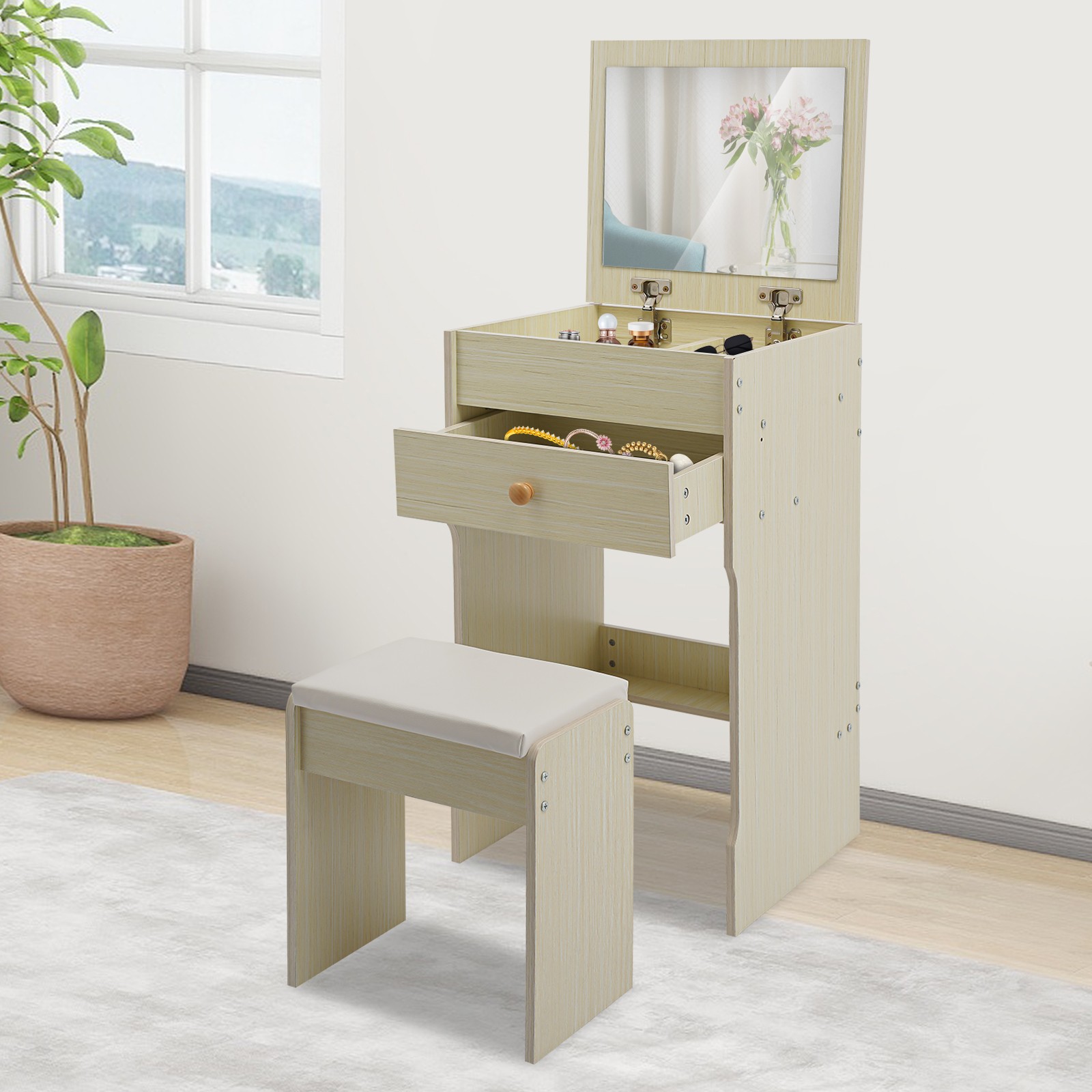 Vanity Table with Mirror Compact Makeup Vanity with Storage Compartments&Stool