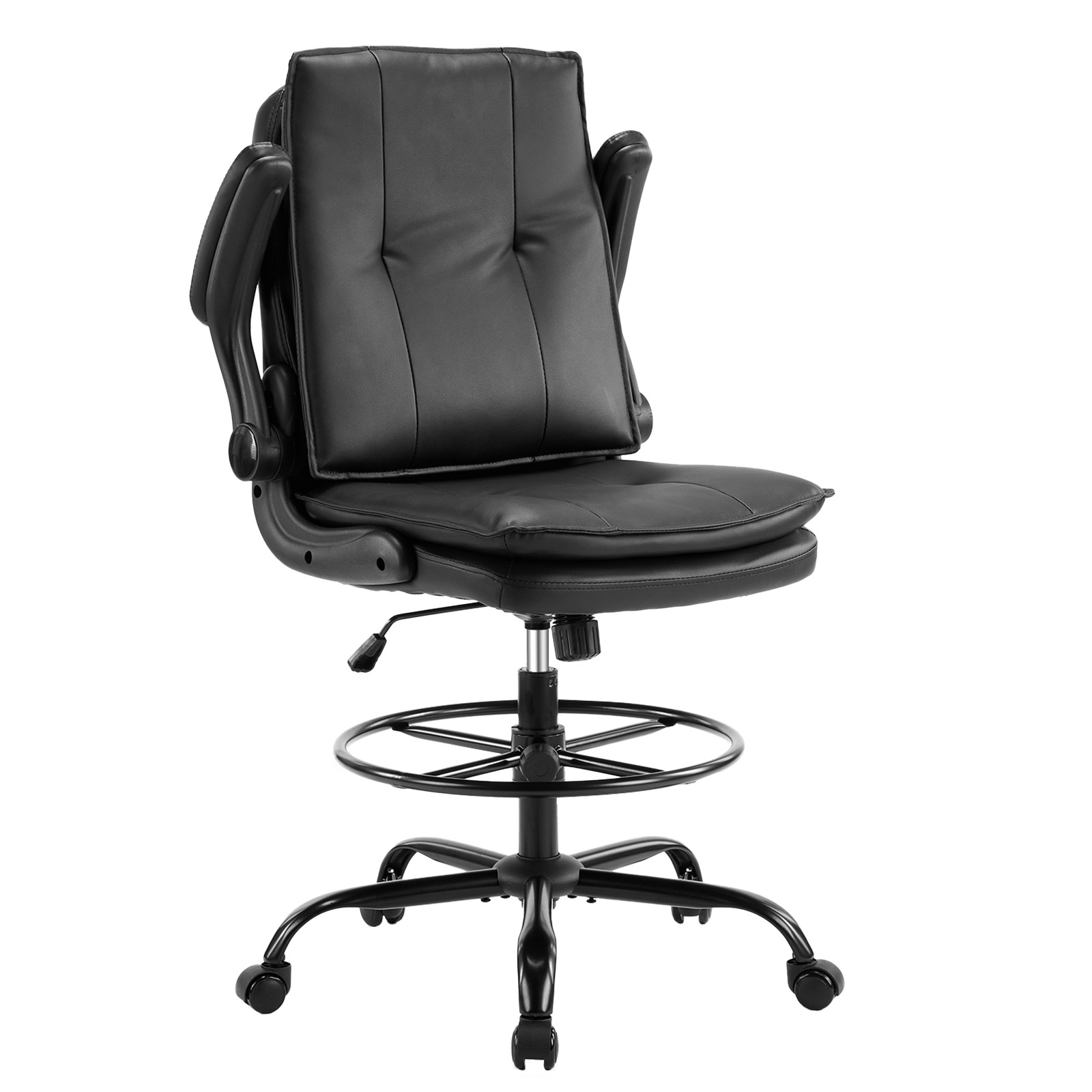 Tall Adjustable Stool with Flip Arms in Black Faux Leather Ergonomic Design