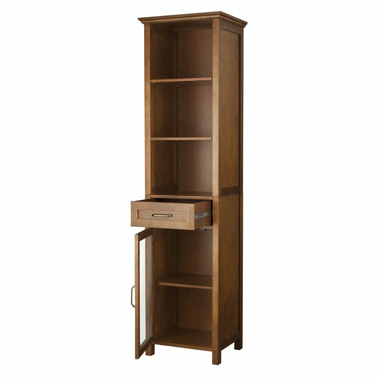 Oak Finish Wooden Linen Tower Storage Cabinet Tall Organizer Bathroom Towel Door
