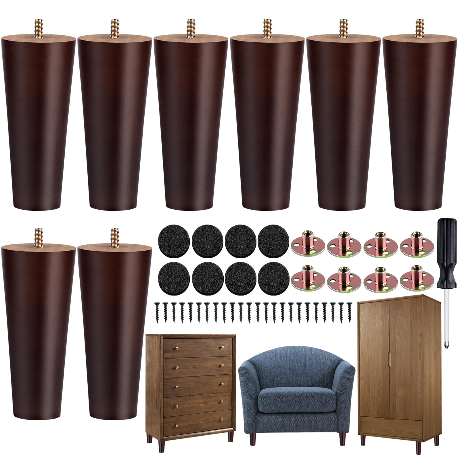 TURSTIN 8 Pieces Furniture Legs 6 Inches Round Solid Wood 6 Inches, Brown