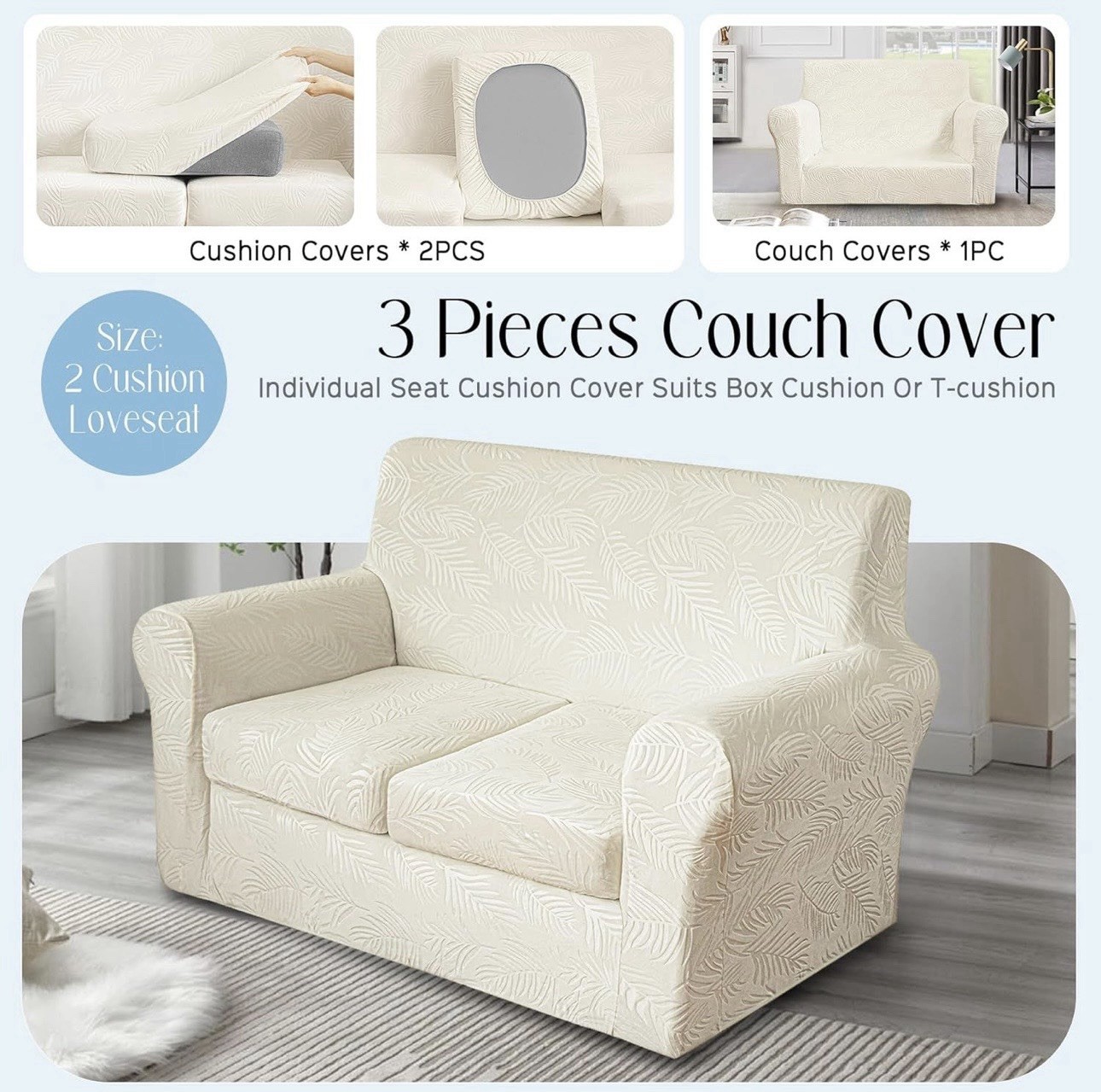Velvet Stretch Loveseat Sofa Cover Ivory Embossed Leaf 3 Piece 2 Cushion