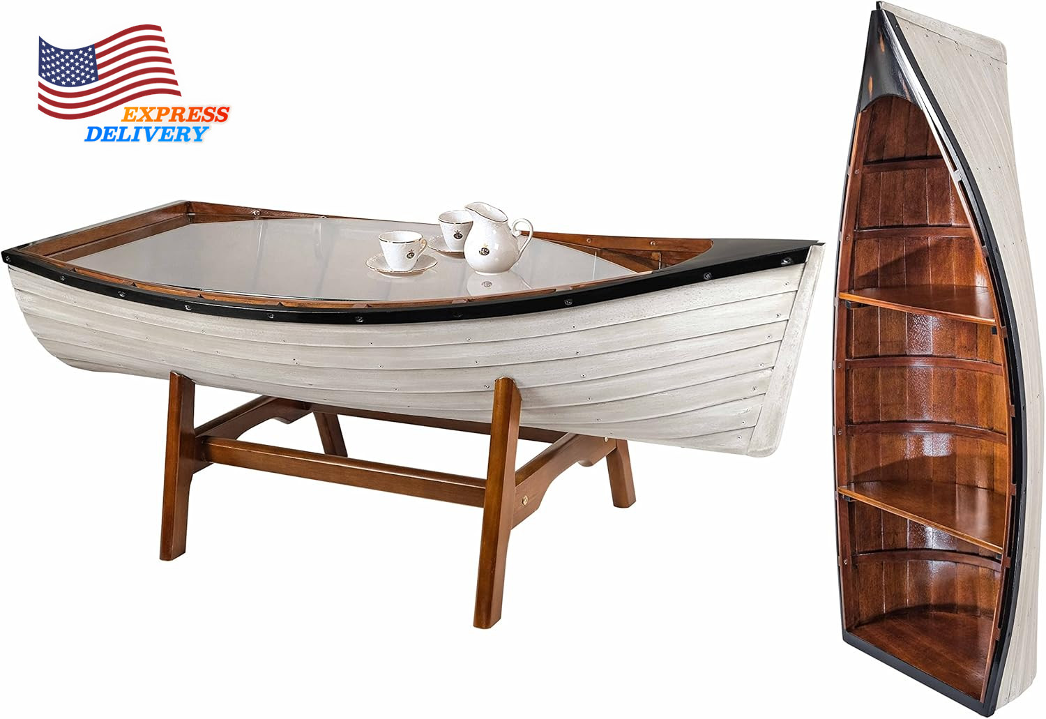 SAILINGSTORY Wooden Boat Coffee Table Boat Bookshelf Coastal Coffee Table