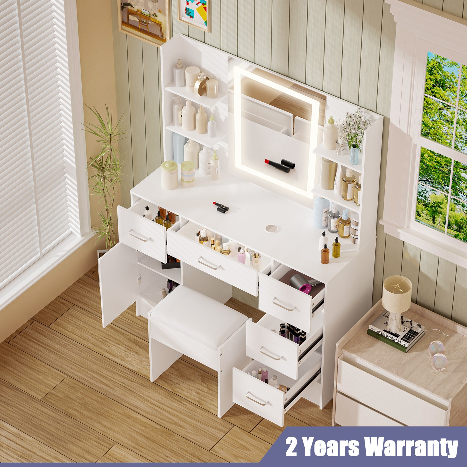 Makeup Vanity Table Set with Mirror With LED Lights Dressing Table and Stool
