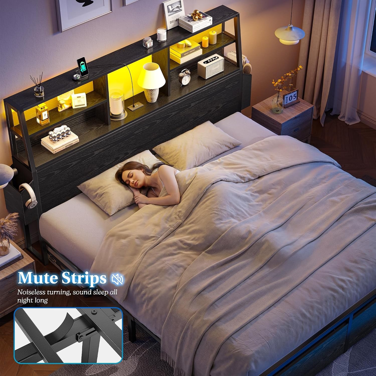 Queen Bed Frame W/ 3-Tier Storage Headboard &2 Drawers,Noise-Free 1100 lbs