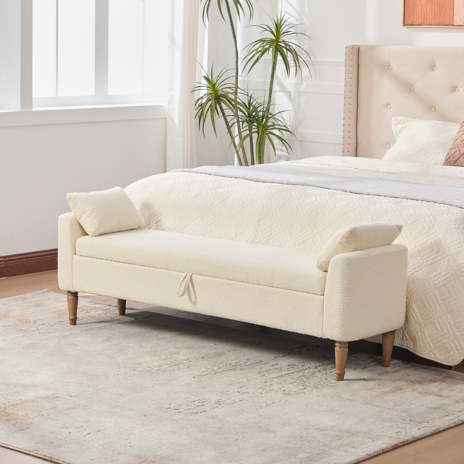 Upholstered Boucle Fabric Storage Bench Daybed With Armrest & Pillows, 65.94″