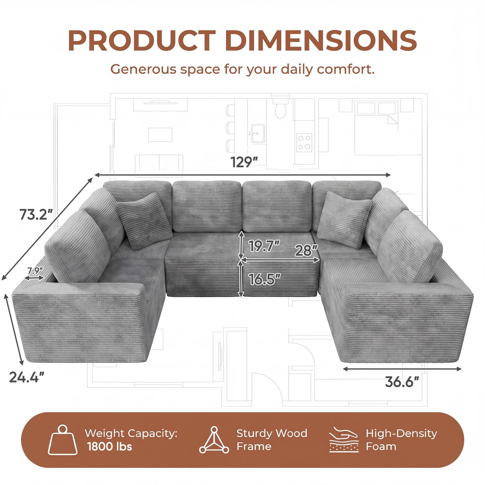 Sectional Sofa Modern Boneless Cloud Deep for Seat Grey Oversized No Assembly