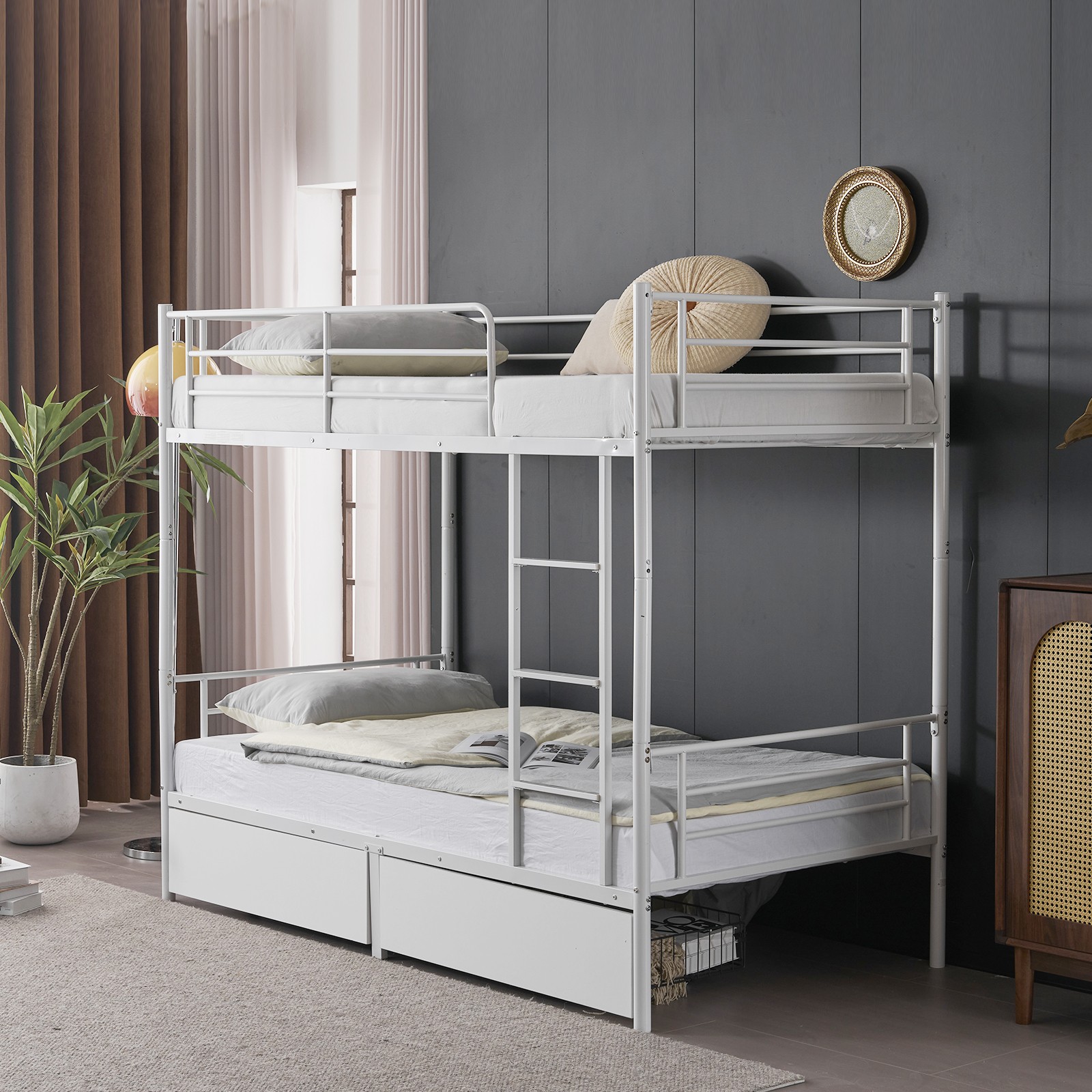Twin Over Twin Convertible Bunk Bed with 2 Storage Drawers, Metal Bunk Bed White