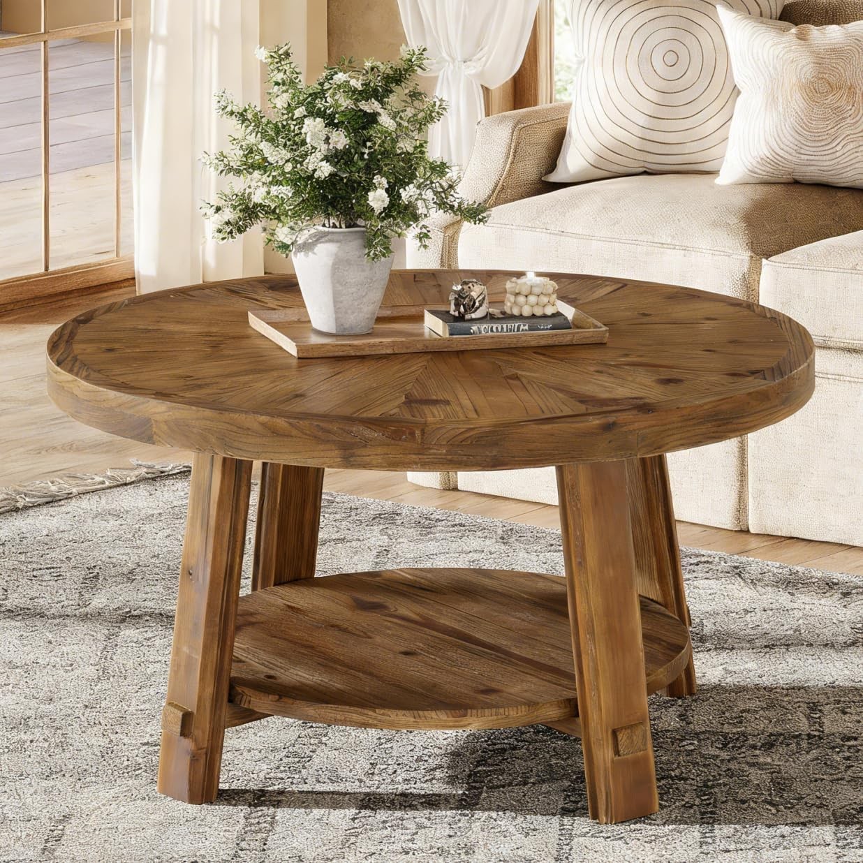 Solid Wood Round Coffee Table, 2-Tier Farmhouse Center Table for Living Room