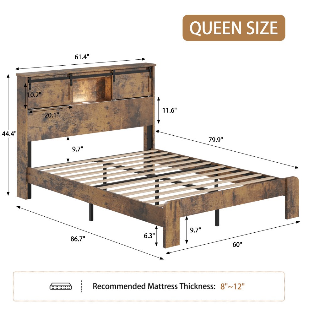 King size bed, metal bed frame with charging station, no need for box spring
