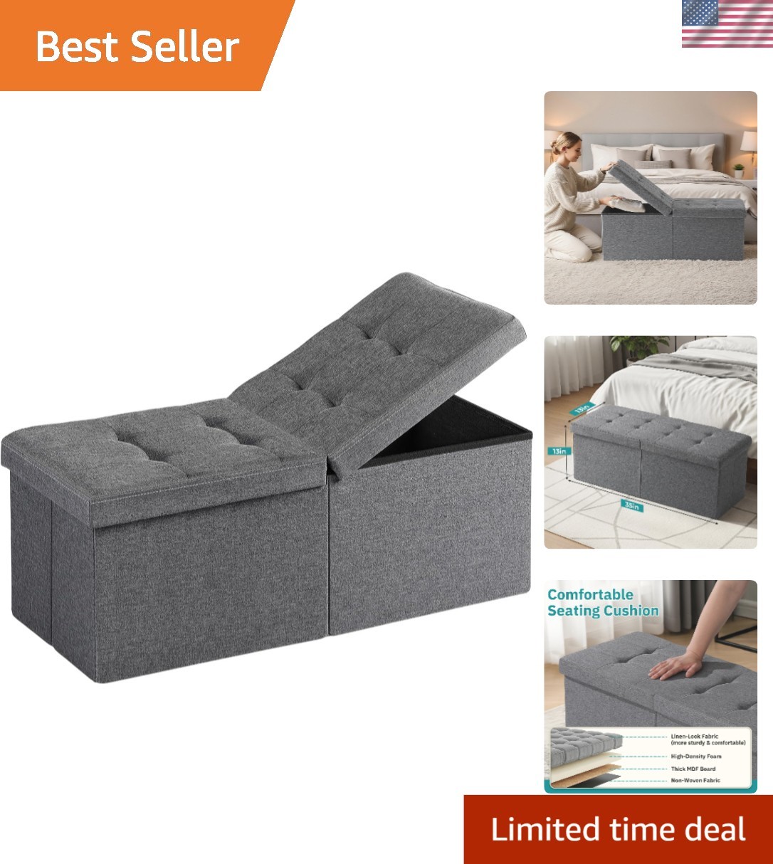Storage Ottoman Bench Footrest Coffee Table End of Bed Chair Organizer