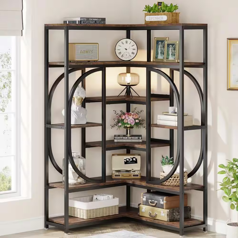 Eulas 35.43 In. Wide Rustic Brown 14 Shelf Industrial L-Shaped Corner Bookcase w
