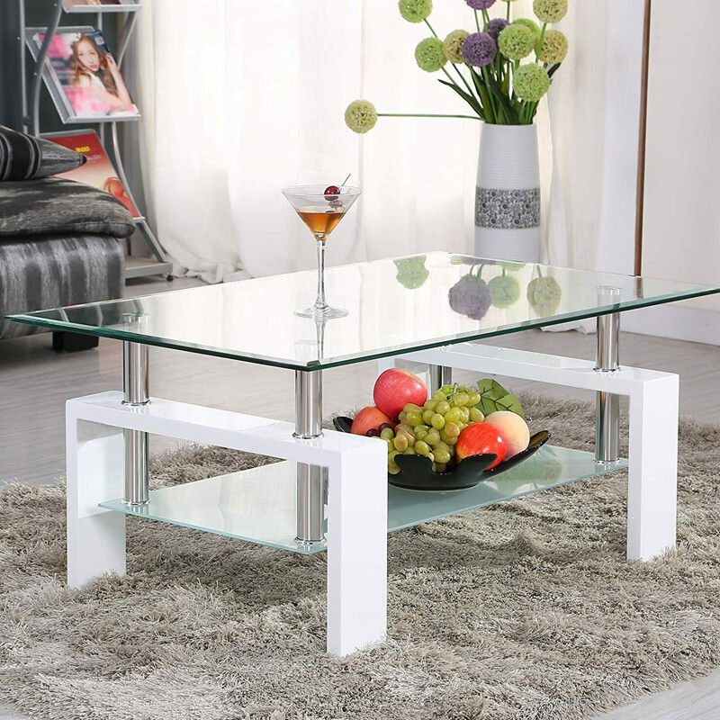 37″ Rectangular Coffee Table Tempered Glass Shelf Modern Living Room Furniture