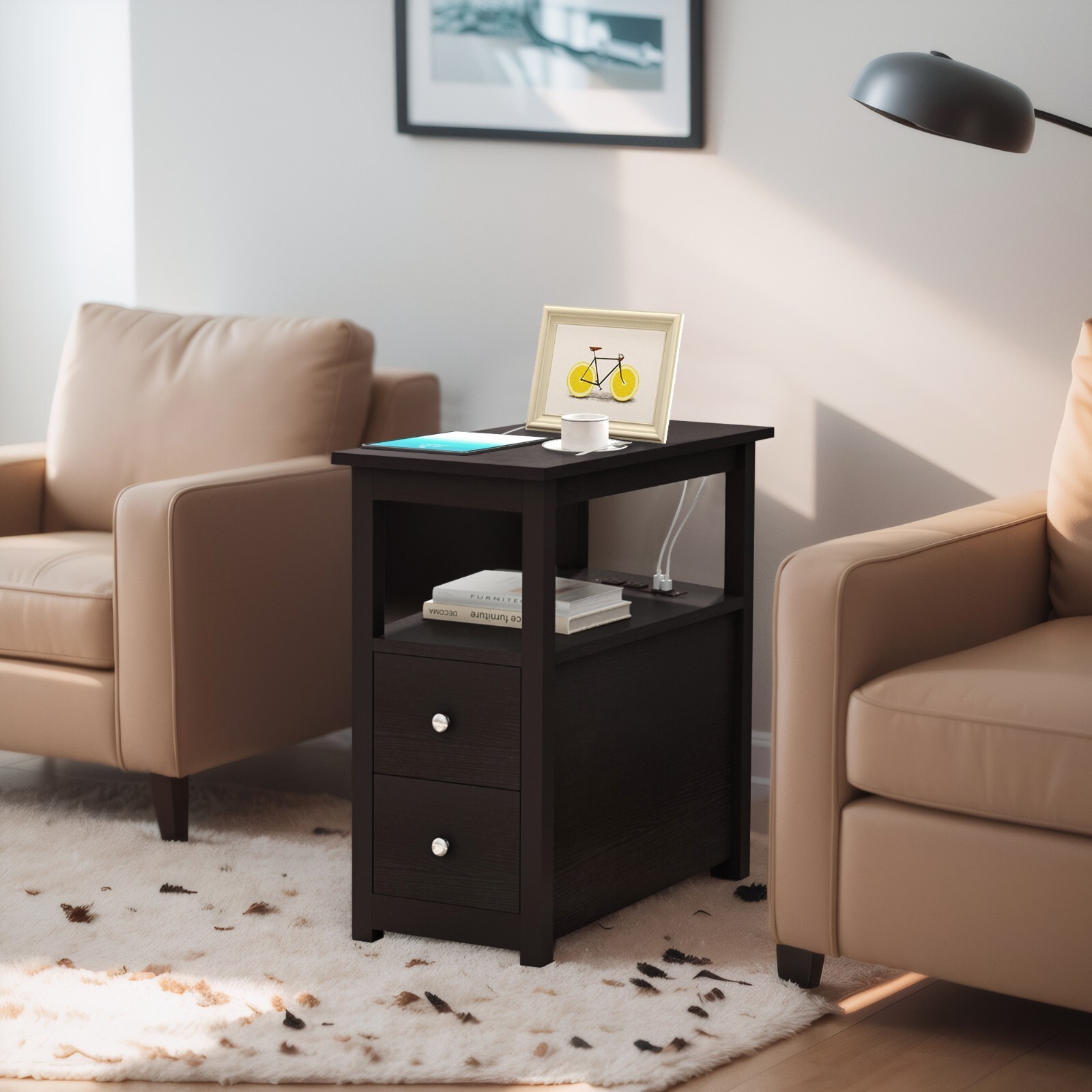 End Table with Charging Station Storage Side Table Narrow Nightstand Sofa Table