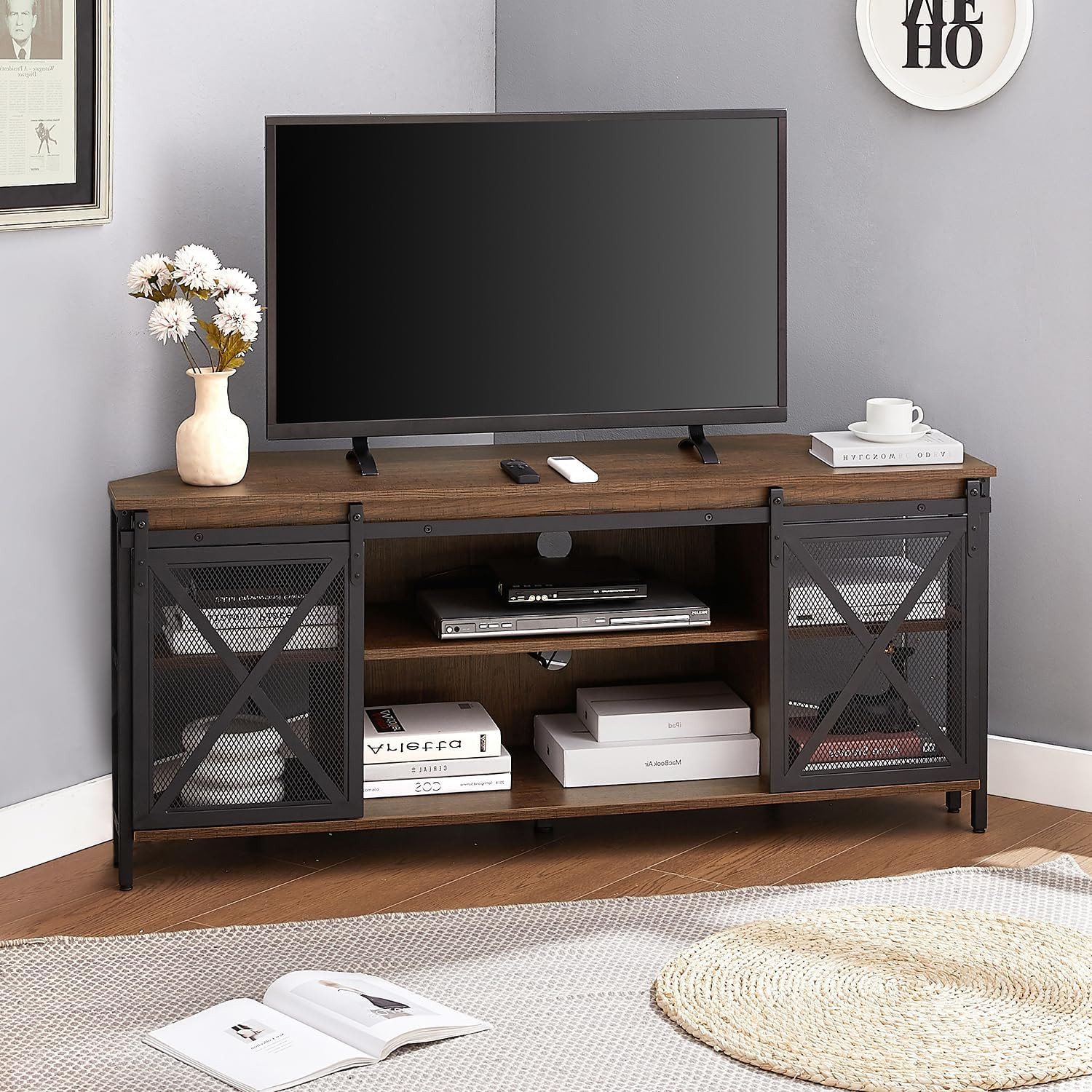 Corner TV Stand for 55 Inch TV, Rustic Corner Entertainment Center with Storage,