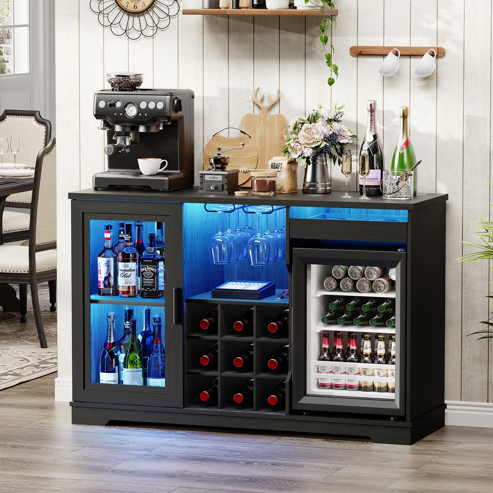 BROTTAR Lighting Bar Cabinet with Built-in Refrigerator & Removable Wine Rack
