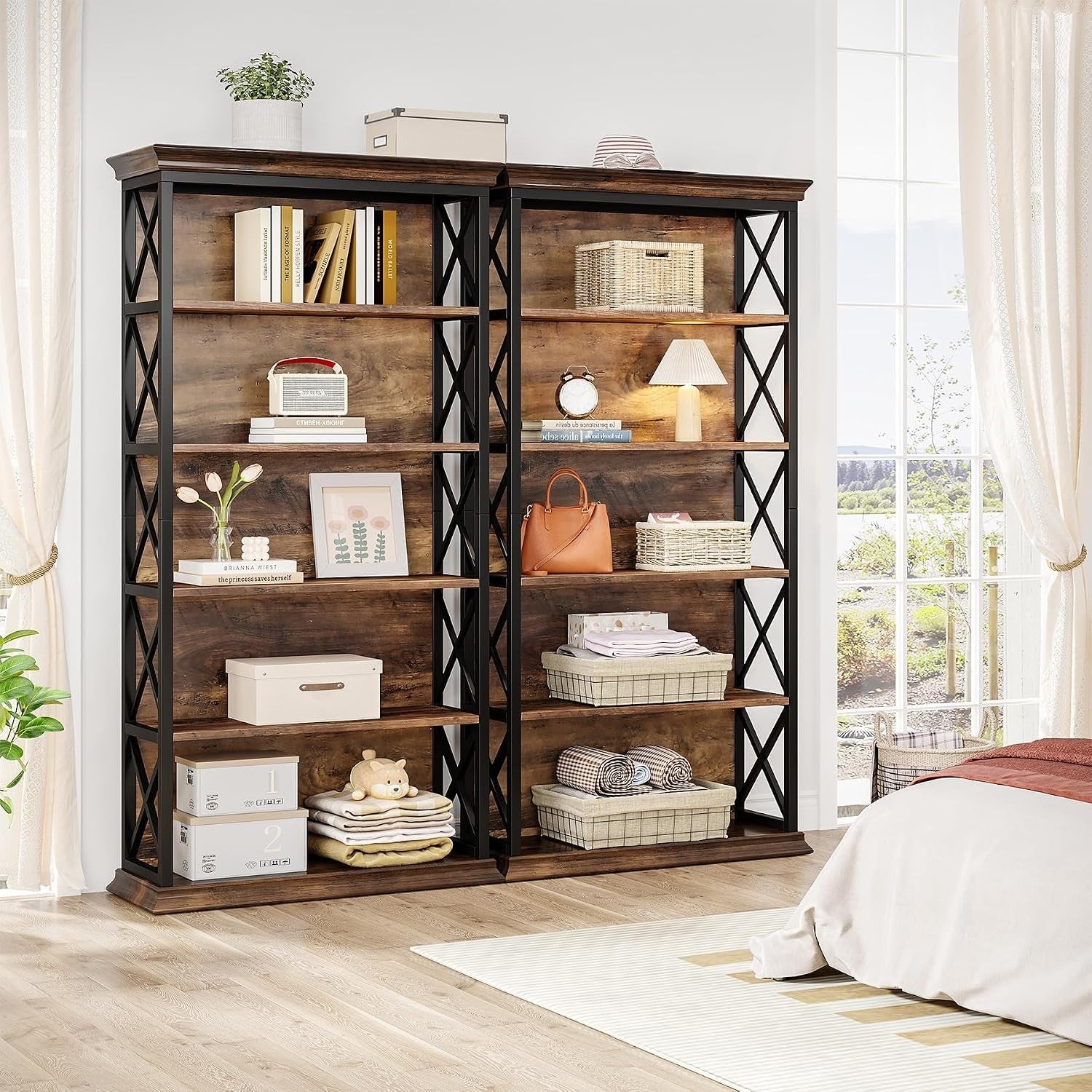 6-Tier Bookshelf, 70.87″ Etagere Metal and Wooden Bookcase for Home Office