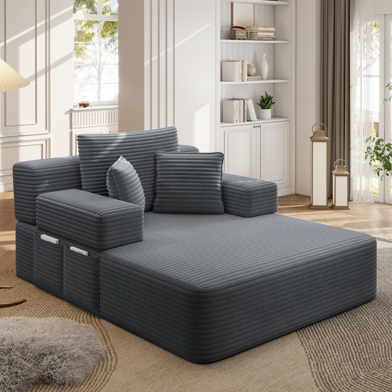 Modern Plush Corduroy Sofa Bed Chaise Lounge No Assembly Required with 3 Pillows