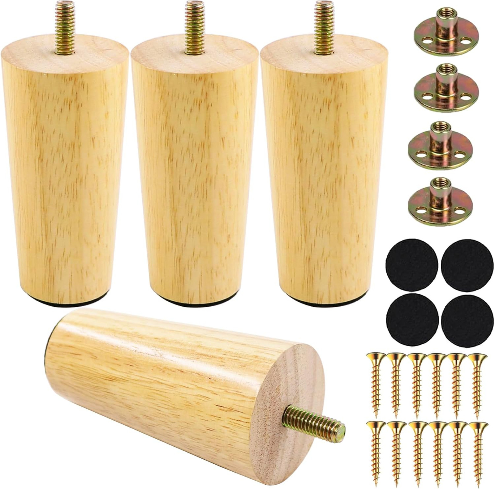 4 Inch Round Wooden Furniture Legs Set of 4 Natural Finish with Threaded 5/16
