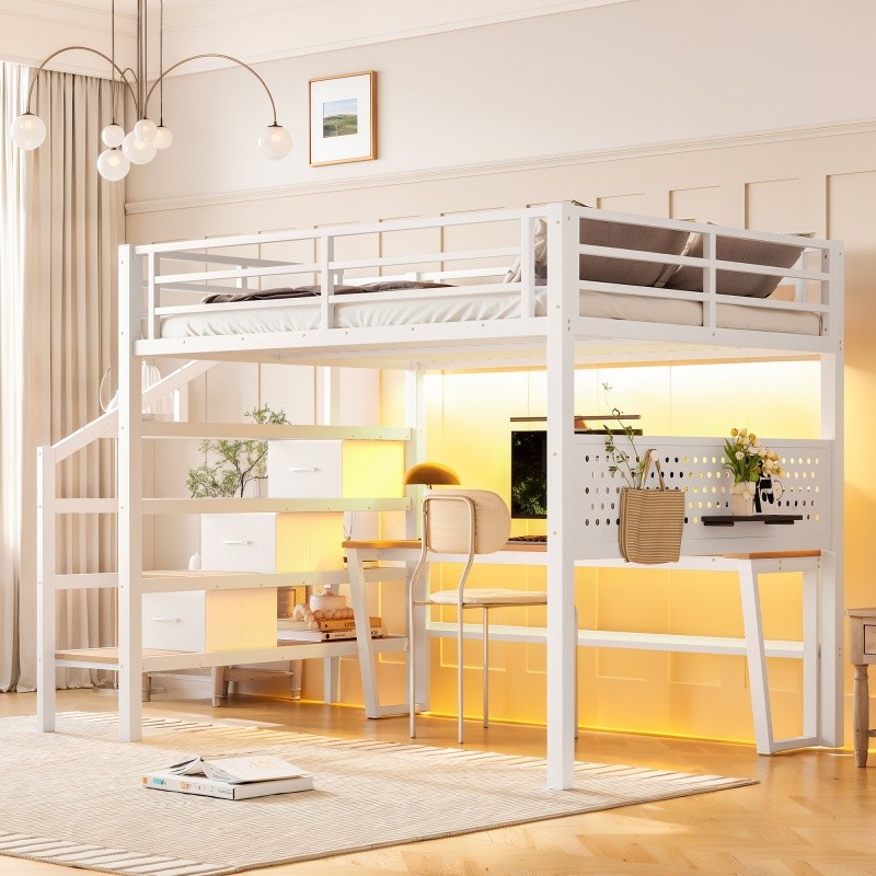 Full Size Metal Loft Bed with Storage Stairs,Movable Desk & Pegboard Kids Teens