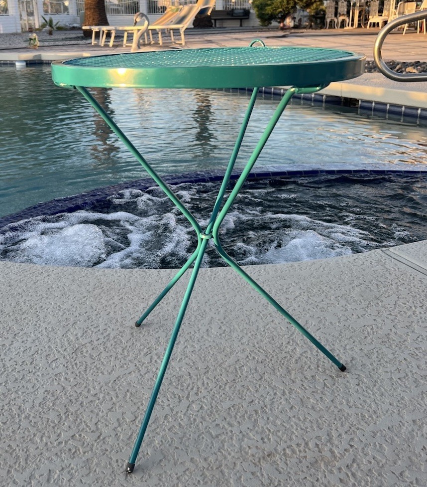 MCM Round Metal Wire Folding Side Table Teal Blue 16″ Tripod Iron Powder Coat