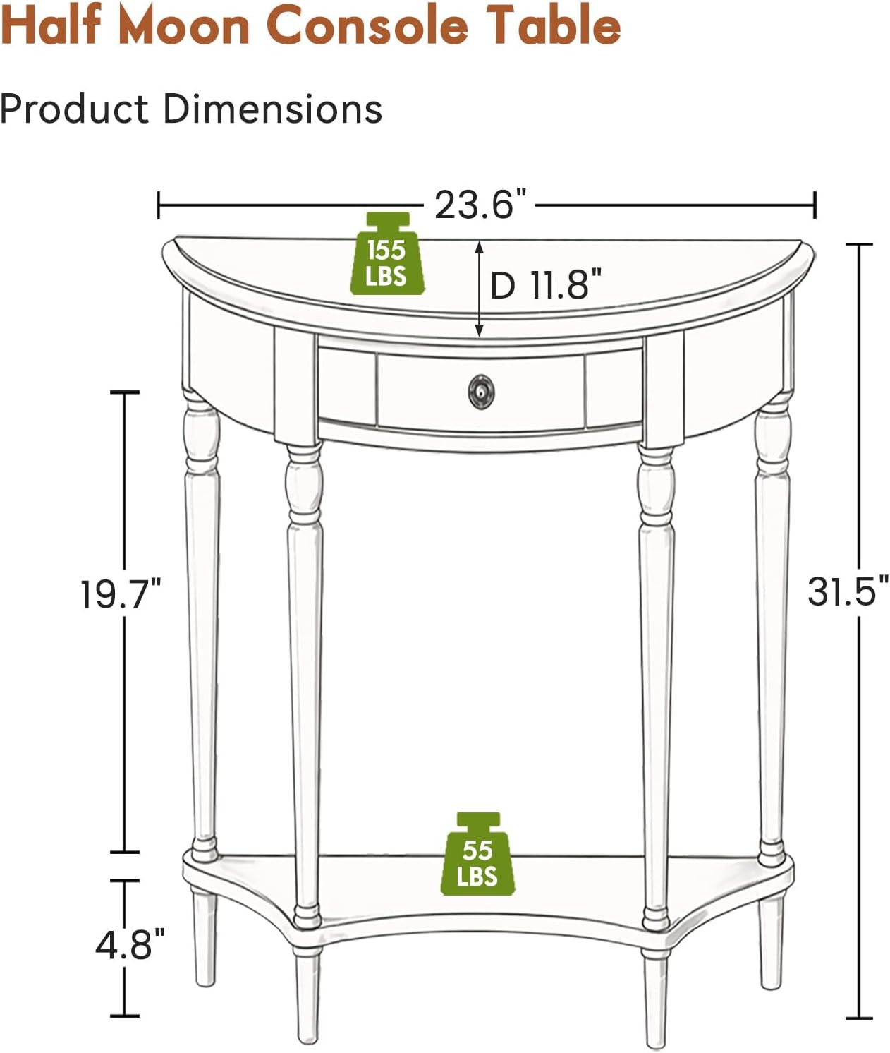Vintage Half Moon Console Table with Drawer – Walnut Entryway Foyer Table