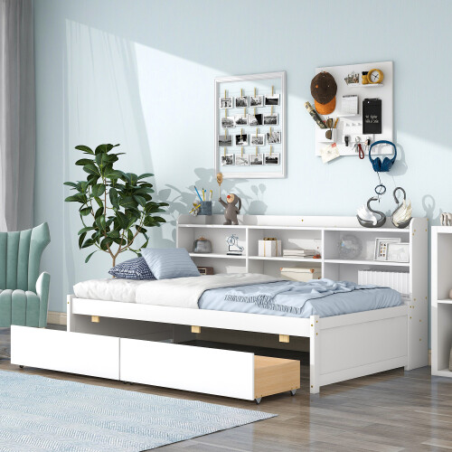 Twin/Full Size Daybed with Storage Drawers & Bookcase Solid Wood Sofa Bed Frames