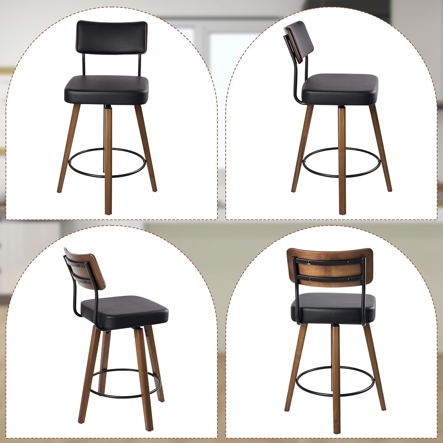 Modern 25″ Faux Leather Counter Height Bar Stools with Wooden Legs, Black