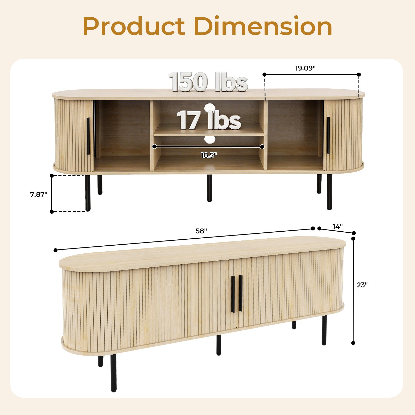 58″ Modern Oak TV Stand Oval Fluted Media Console Slatted Sliding Doors 65in TV