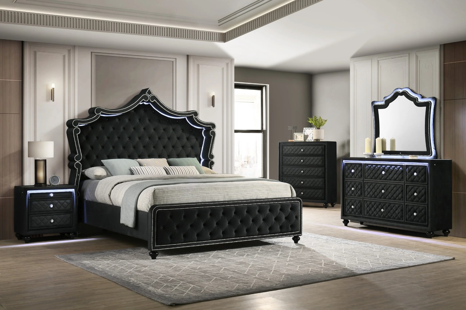 NEW Queen King 5PC Black Velvet Bedroom Set Modern Furniture Bed/D/M/N/C