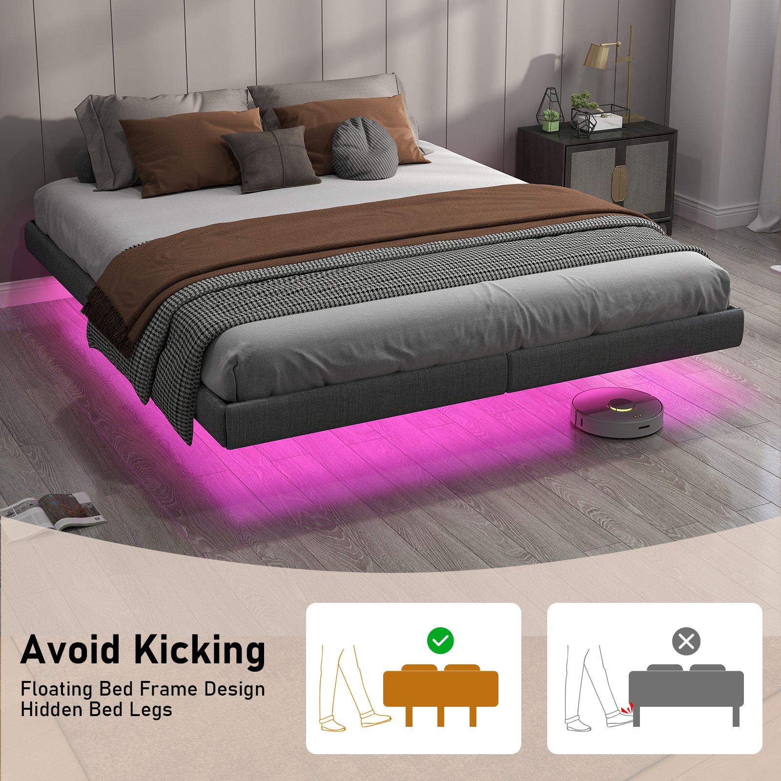 King Size Floating Bedroom Bed Frame with Under Bed Storage & LED Lights