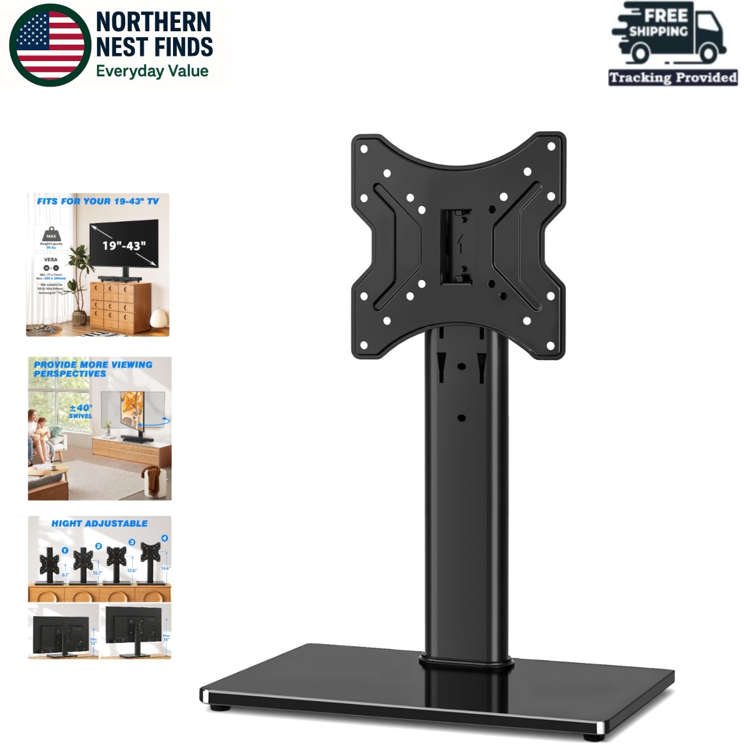 Heavy Duty Adjustable TV Stand Base for Flat Screens 19-43 Inch, Black Glass