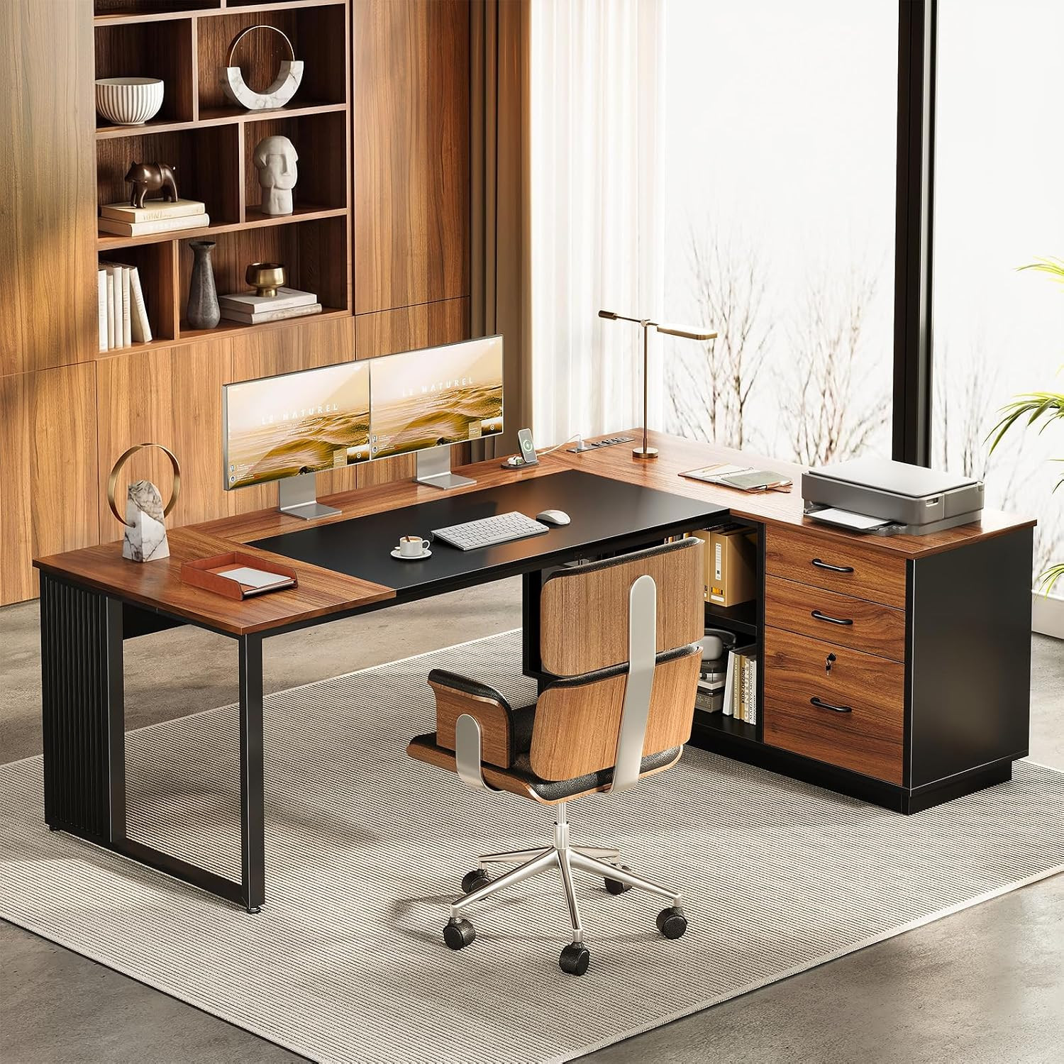 71 Inch L Shaped Executive Desk with Drawers and File Cabinet, Large Office Desk