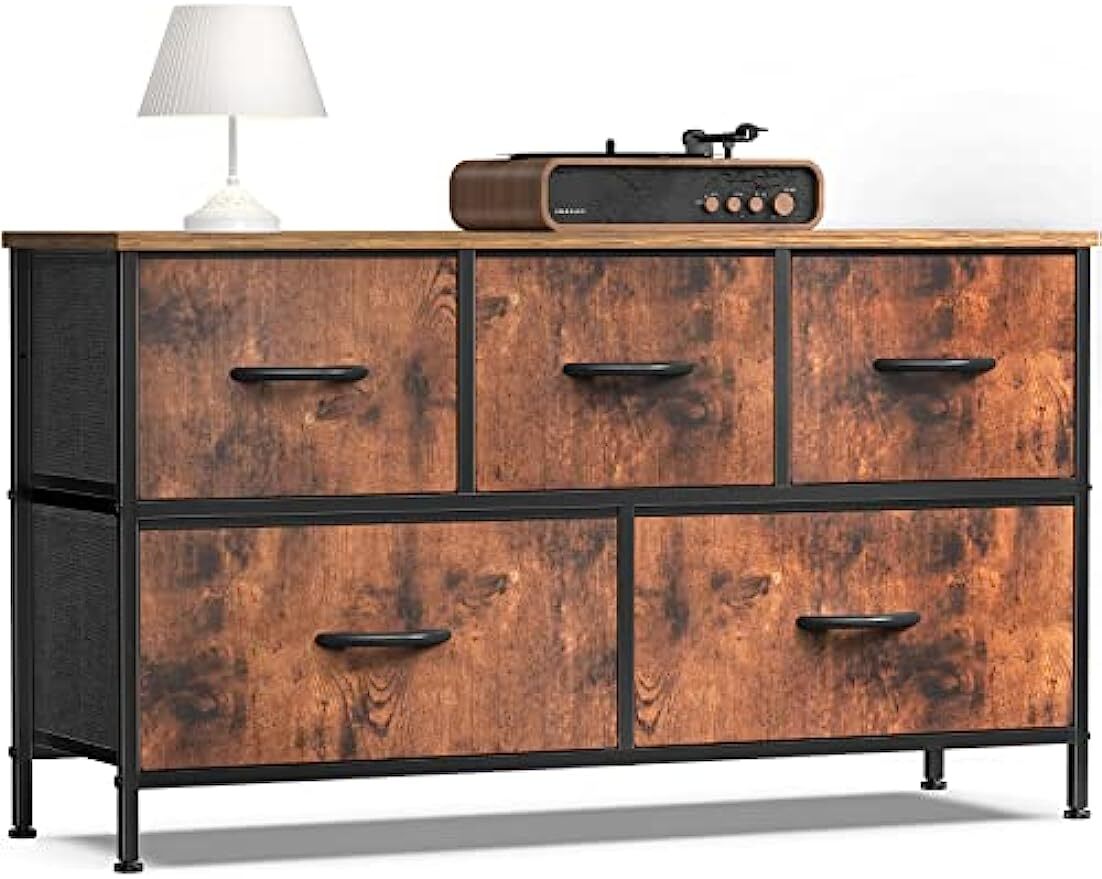Elegant 5 Drawer Storage Dresser Fabric Drawers with Wood Top for Bedroom