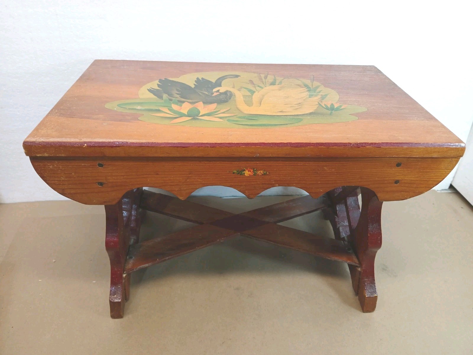 Vintage Wood Footstool Hand Painted, stencil Folk Art Swan farm Country Decor