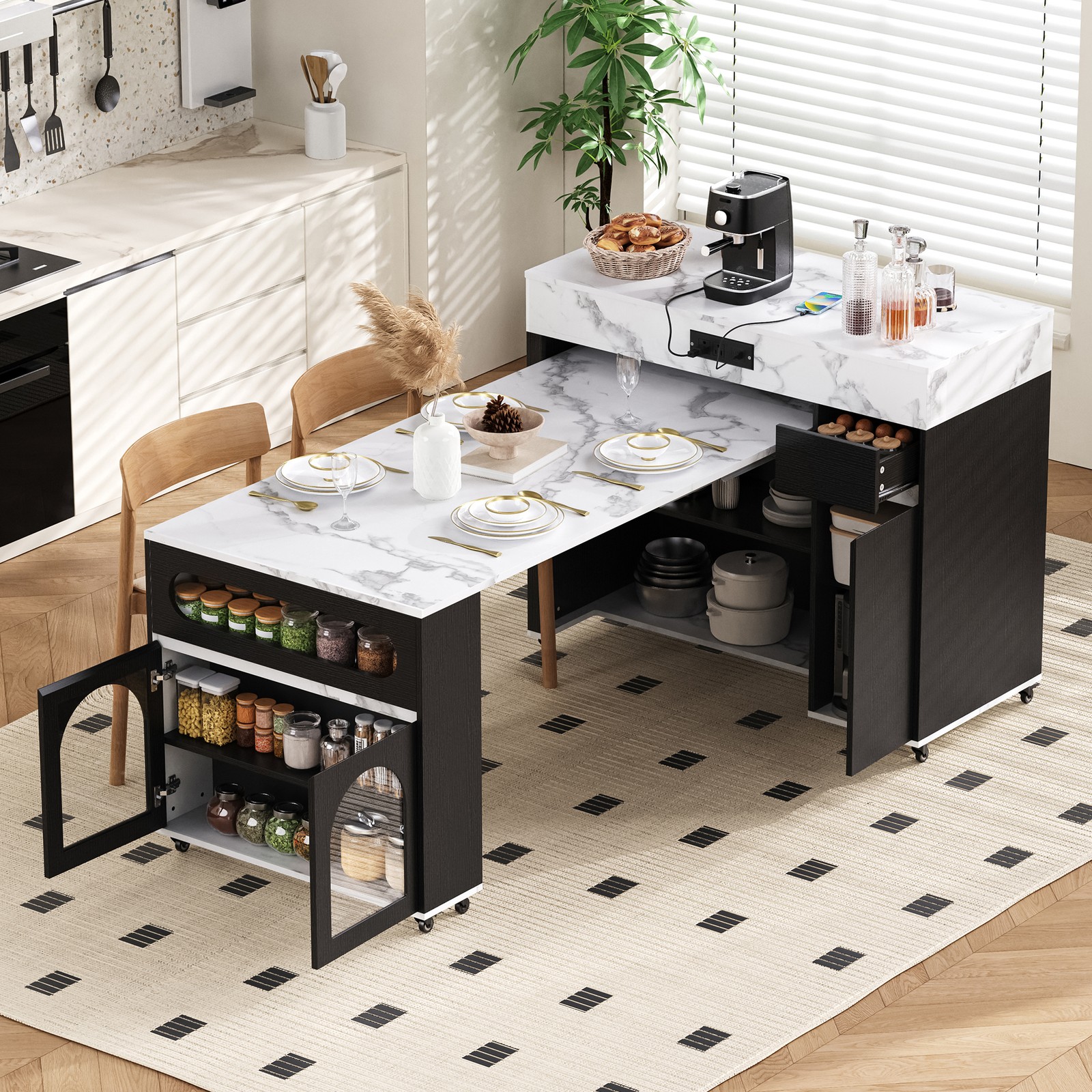 Extendable Dining Table with Removable Leaves Mobile Rolling Farmhouse