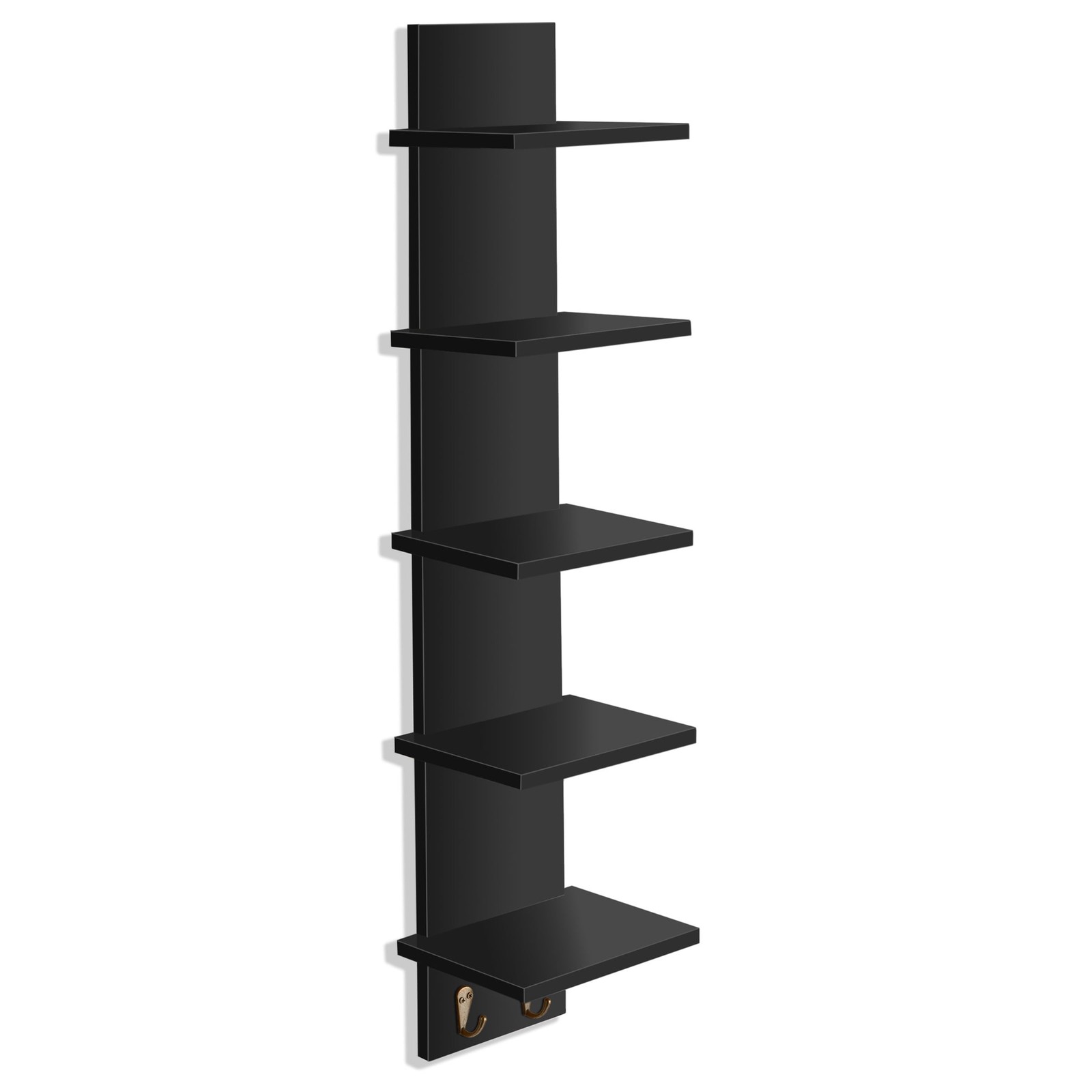 Black 5-Tier Wall Mount Shelf with Hooks for Bathroom & Living Room