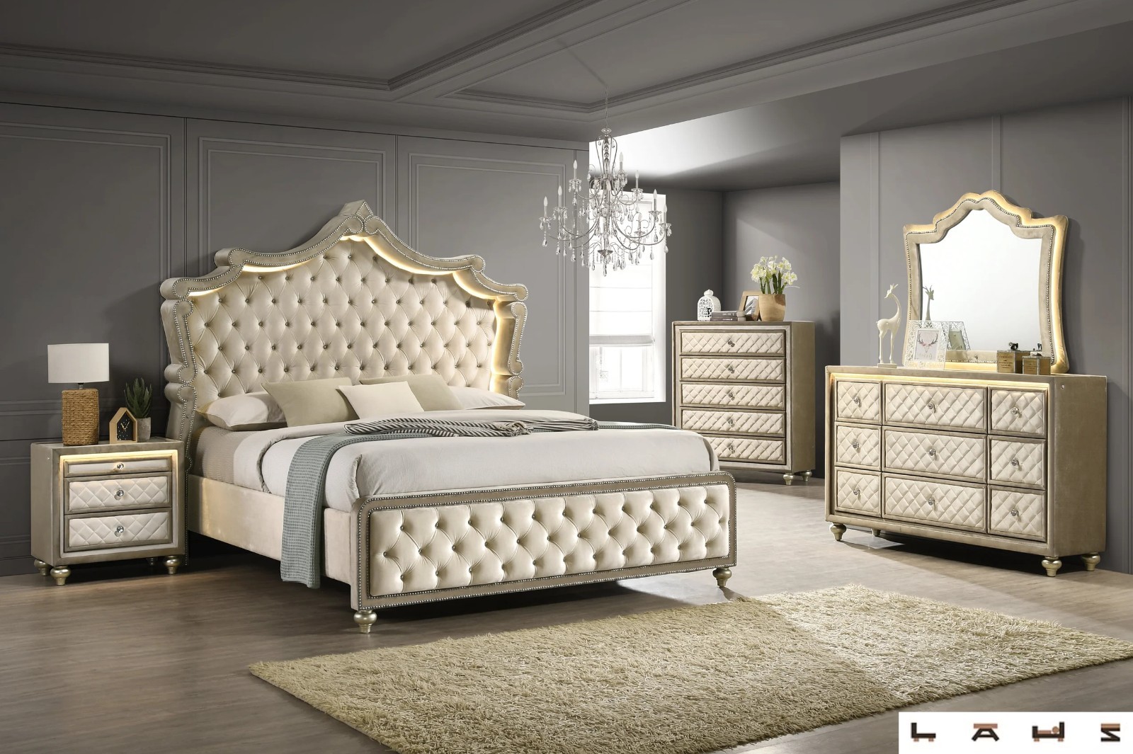 NEW LED Queen King Biege Cream Velvet 5PC Bedroom Set Modern Furniture B/D/M/N/C