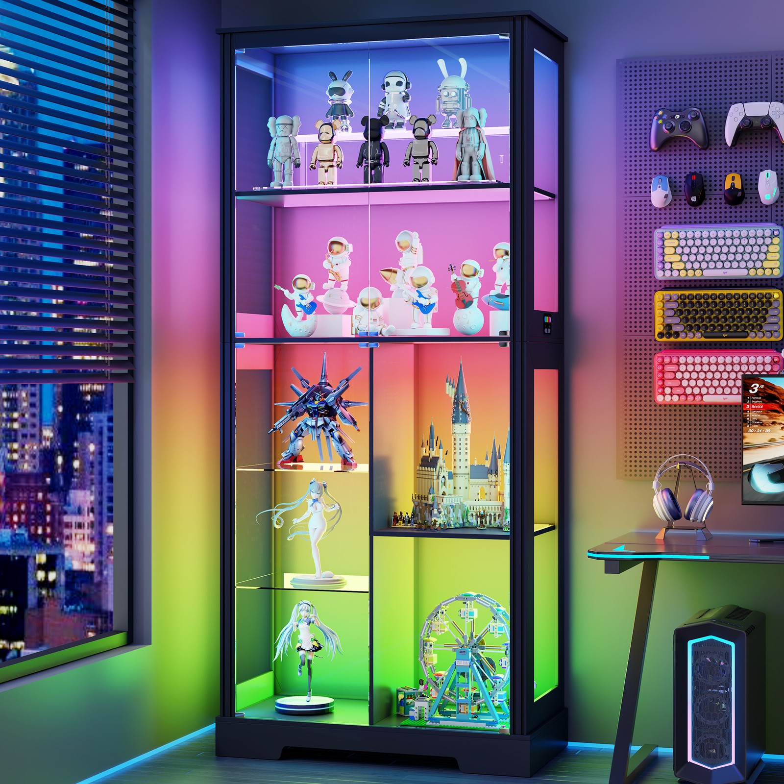 71″ Tall Glass Cabinet Display Case with RGB Lights and Doors for Collectibles