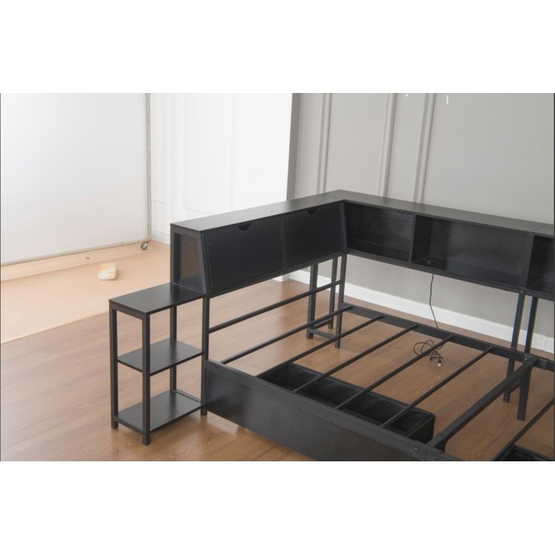 Corner Bed Frame Full Size with Bookcase and 2 Underbed Storage Drawers