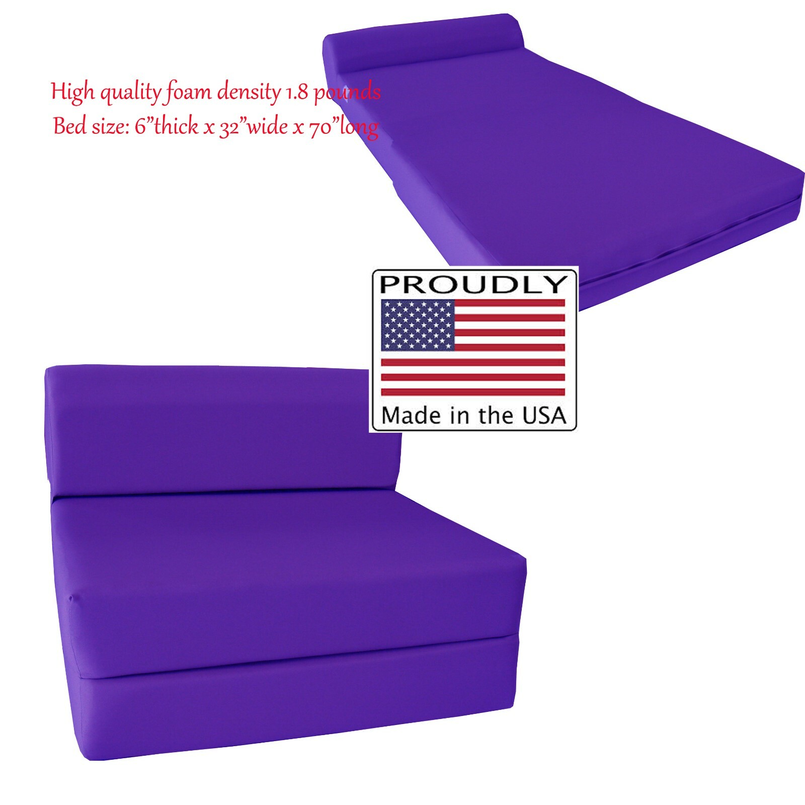 Twin Flip Chair Folding Foam Beds, Portable Sofa Bed, Couch 6x32x70, Purple