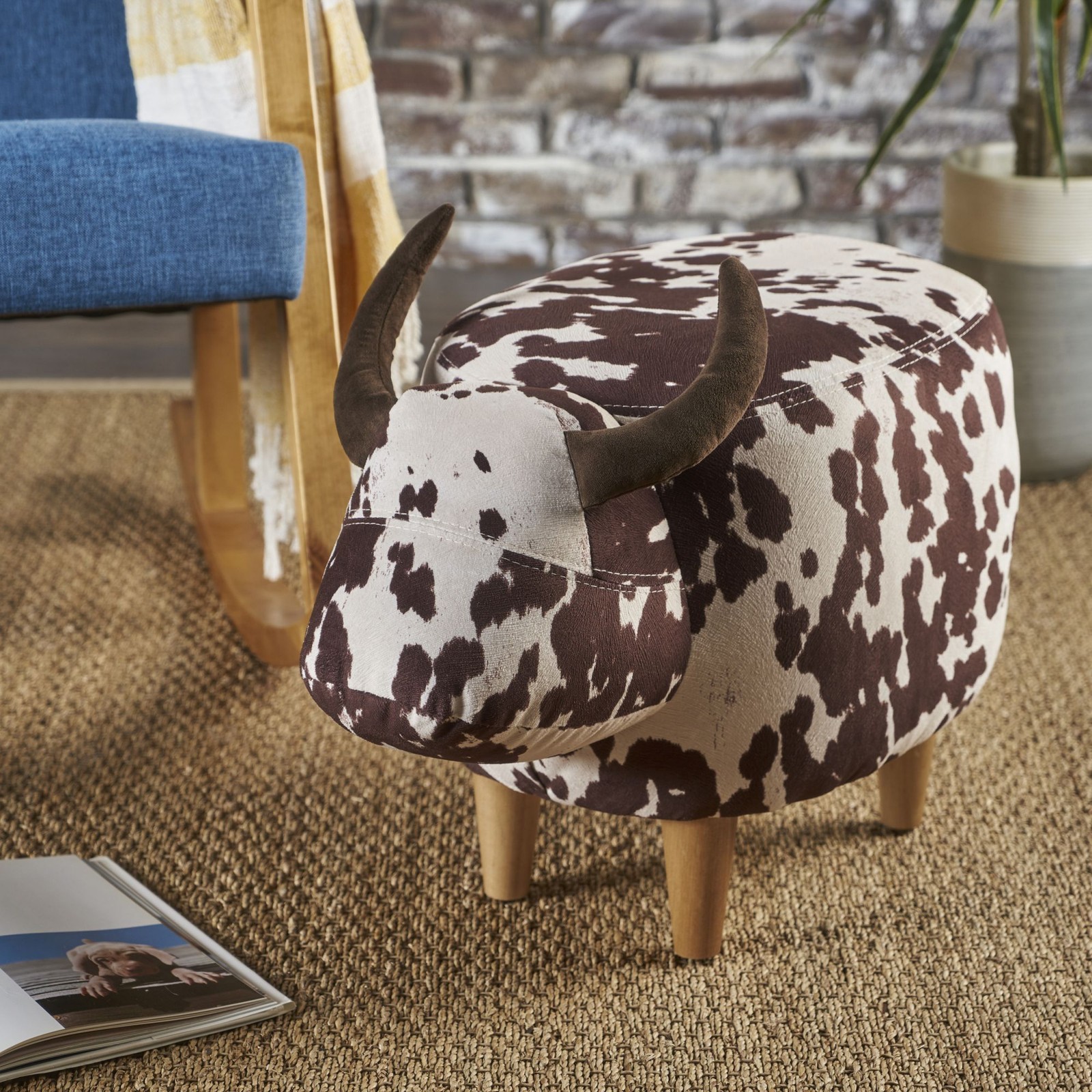 Cow Shaped Ottoman Cute Animal Footstool Wood Seat for Shoe Changing Entryway