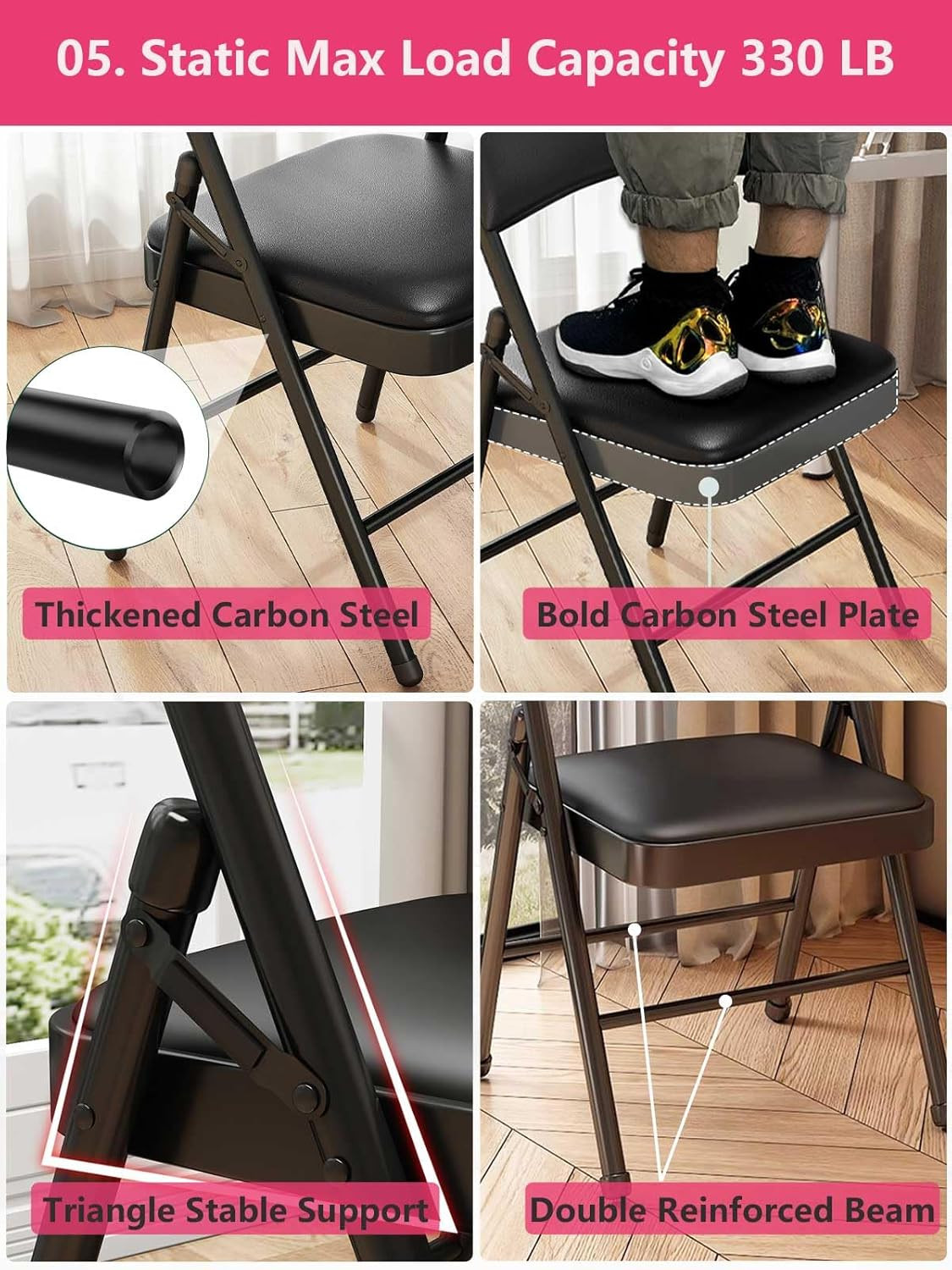 1 Pack Bulk Folding Chairs with Padded Cushion, Single Black Steel Metal Frame F